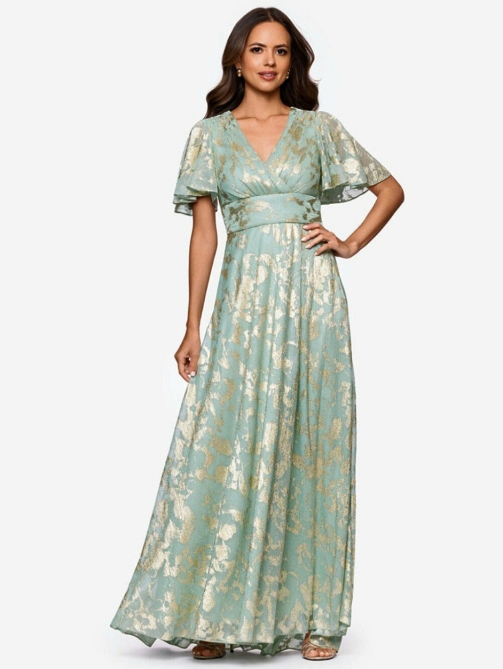 Betsy & Adam Elegant Sage Gold V Neck Foil Maxi Dress Gown New With Tags